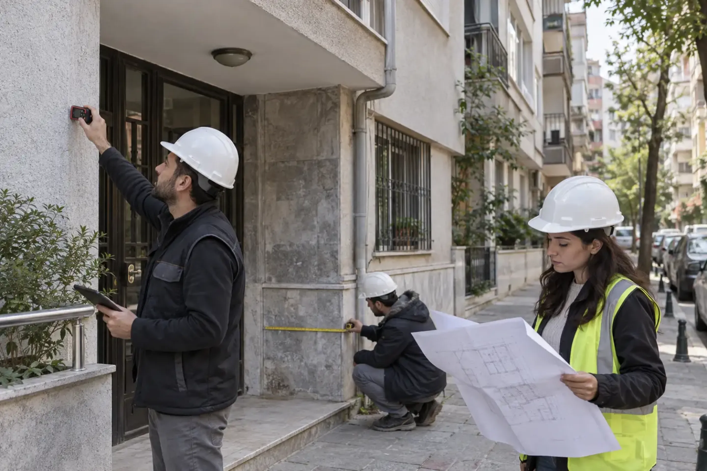 Mevcut yapıda ölçüm ve proje karşılaştırması yapan teknik ekip