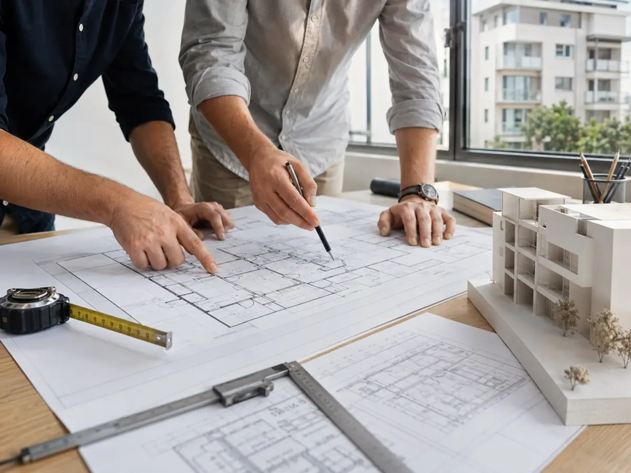 Mevcut yapı planlarını ve ölçüleri birlikte inceleyen proje ekibi