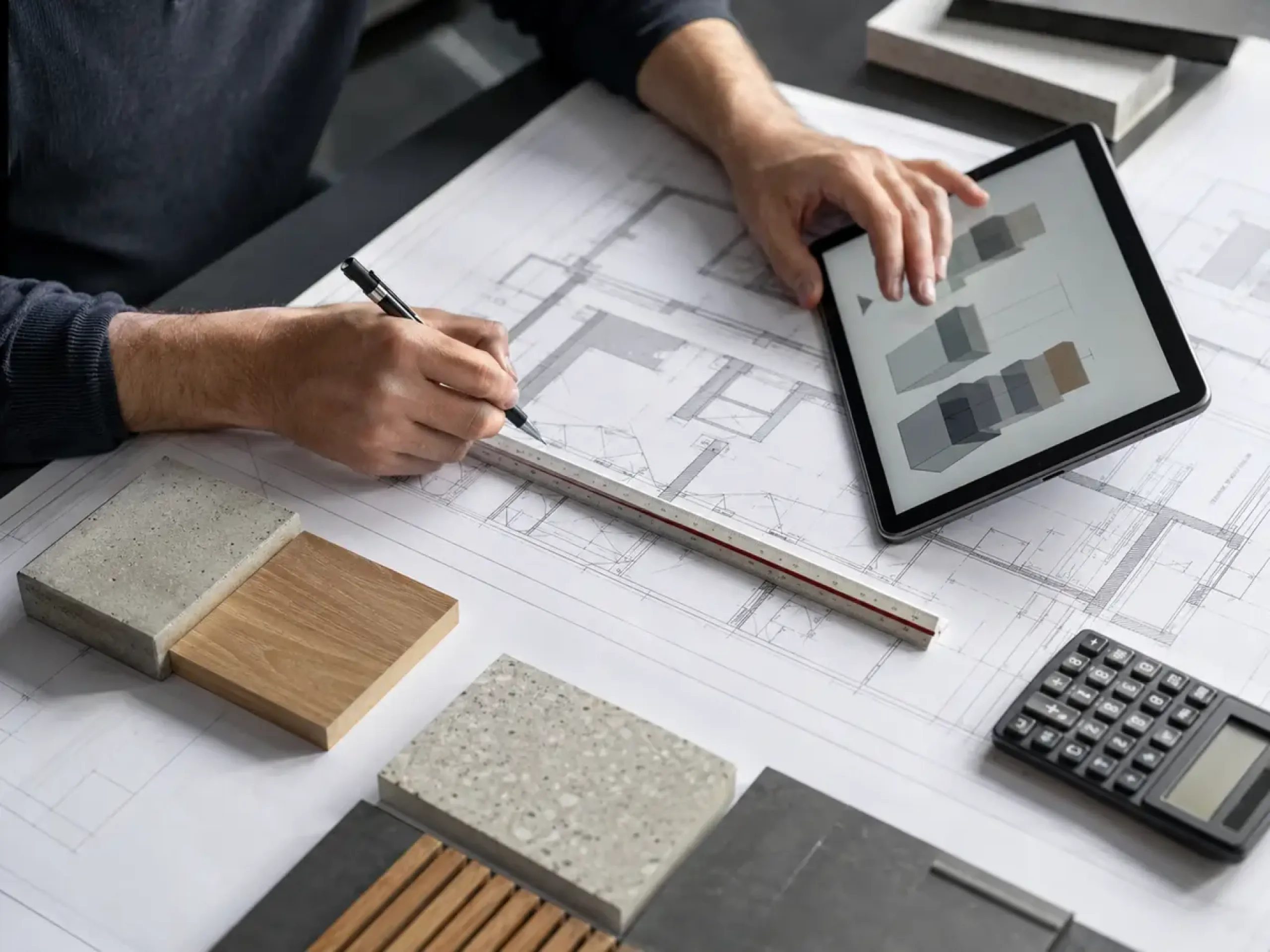 Planlar ve malzeme numuneleri üzerinde maliyet çalışması yapan uzman