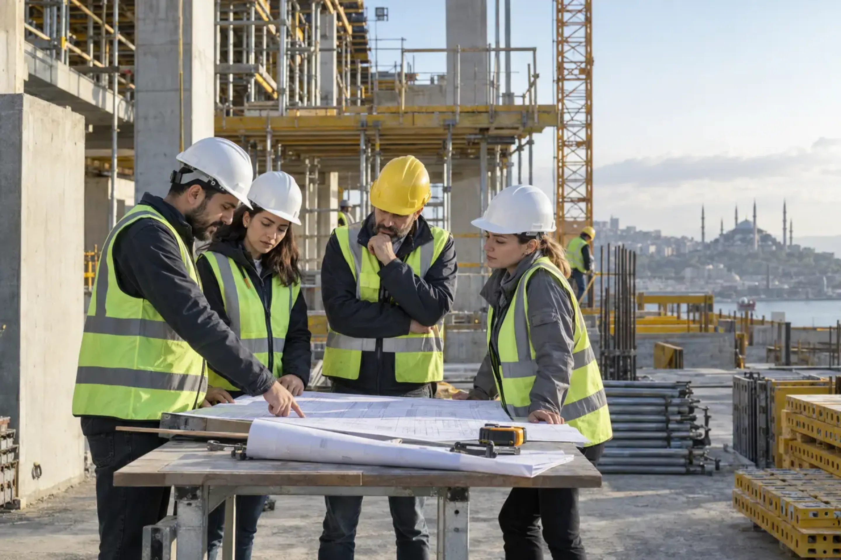 Düzenli şantiyede günlük iş programını proje üzerinden değerlendiren saha ekibi