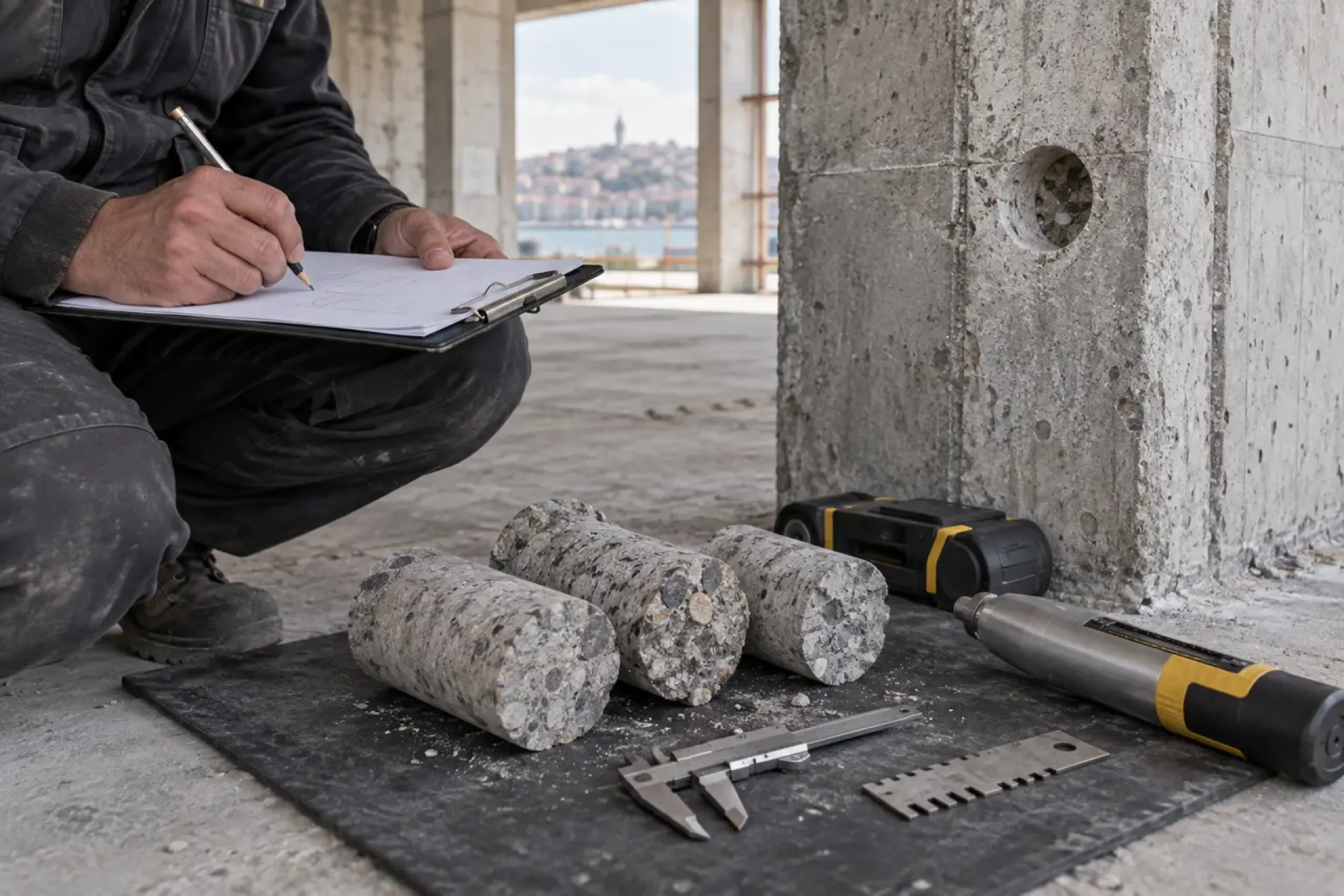 Betonarme taşıyıcı sistem paftaları ve numuneler üzerinde performans hesabı yapan mühendis
