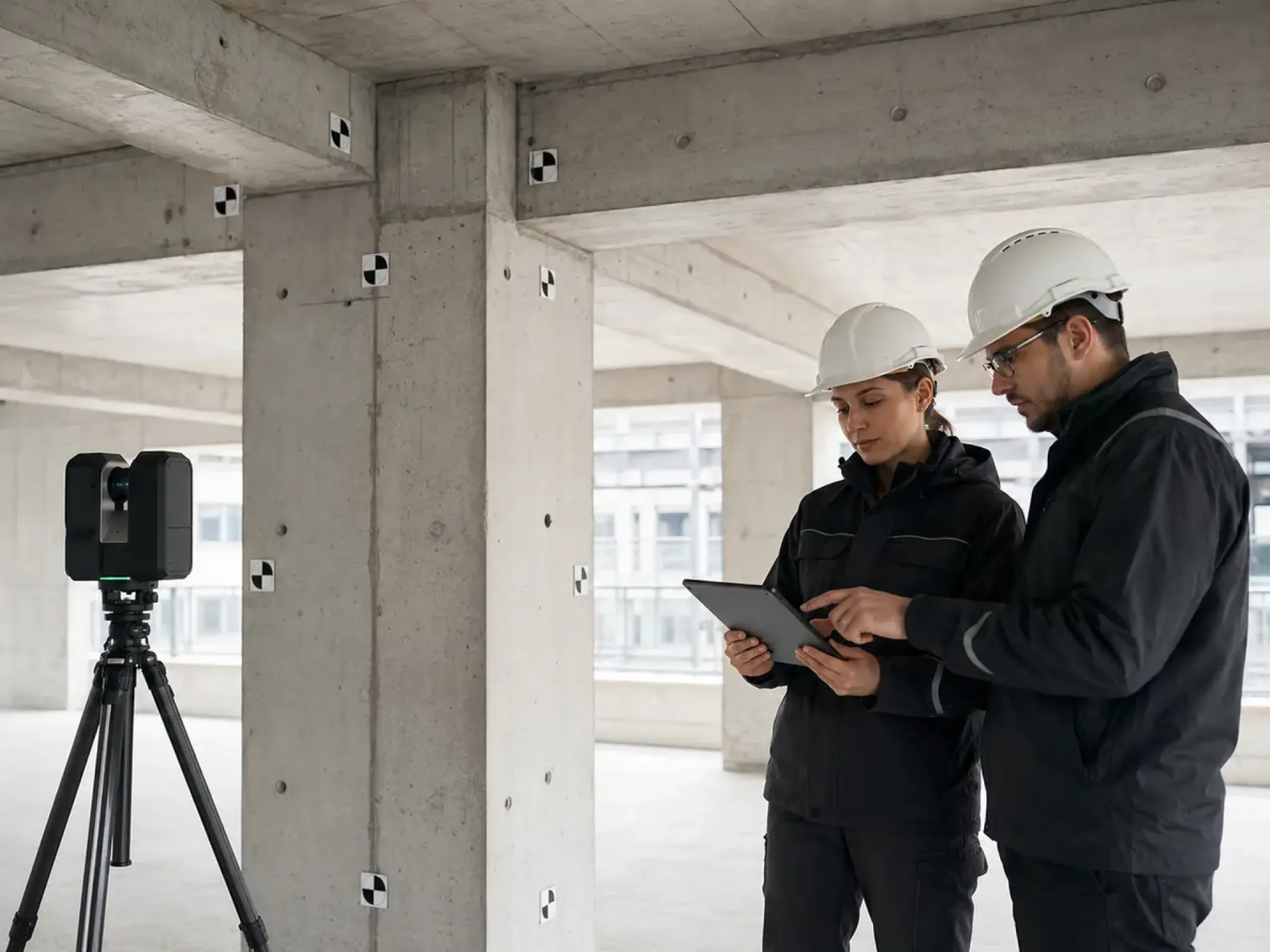 Betonarme yapıda lazer tarama ile performans incelemesi yapan mühendisler
