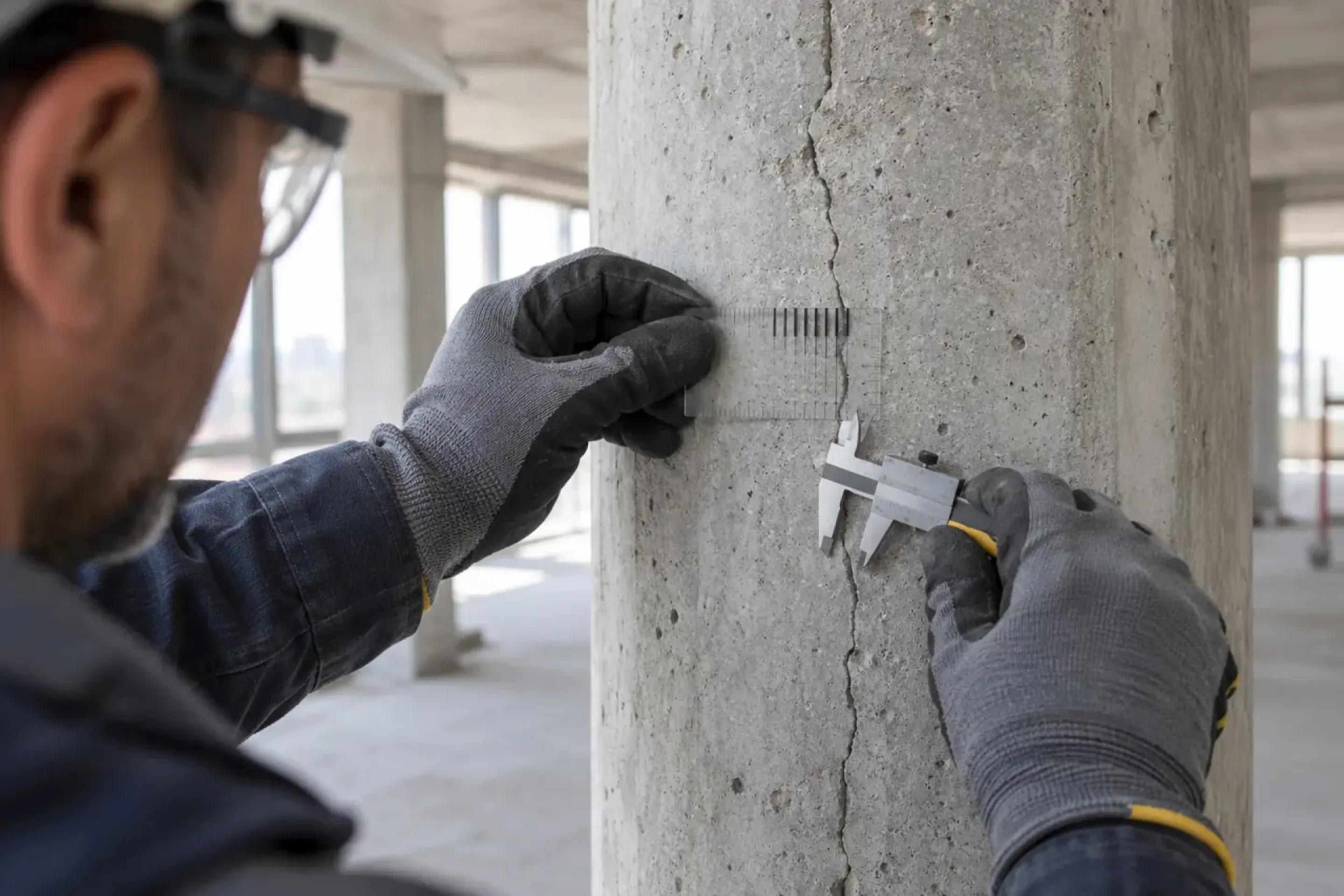Mevcut betonarme kolonda çatlak genişliği ölçen yapı mühendisi
