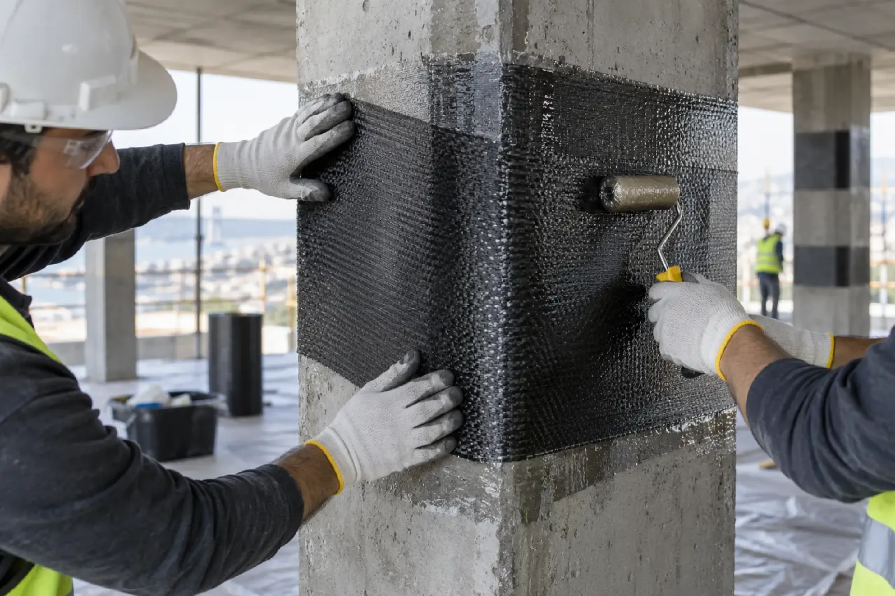 Betonarme kolona karbon fiber güçlendirme uygulayan uzman ekip